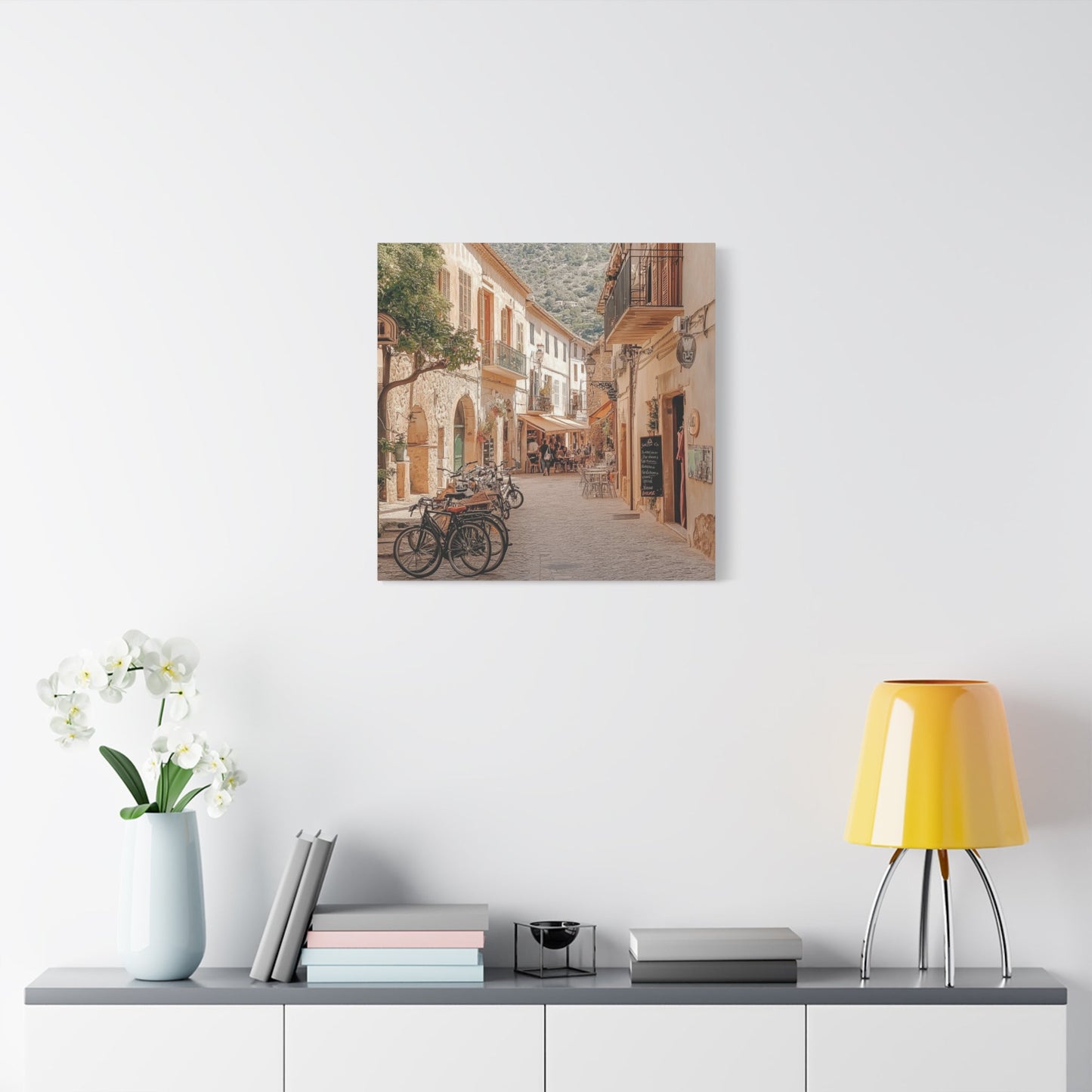 Mediterranean Café Street Scene - Urban Wall Art - Aestheticanvas