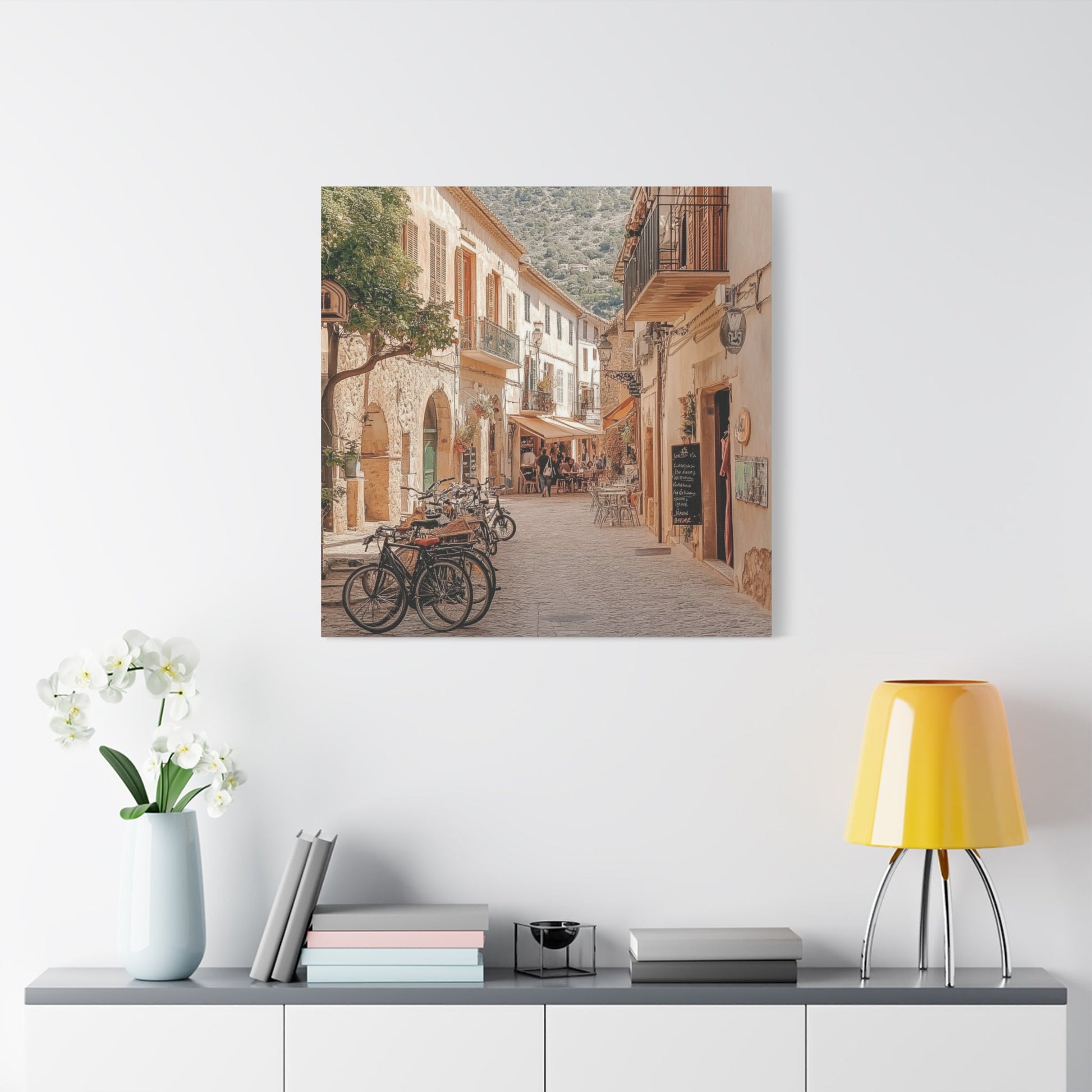 Mediterranean Café Street Scene - Urban Wall Art - Aestheticanvas