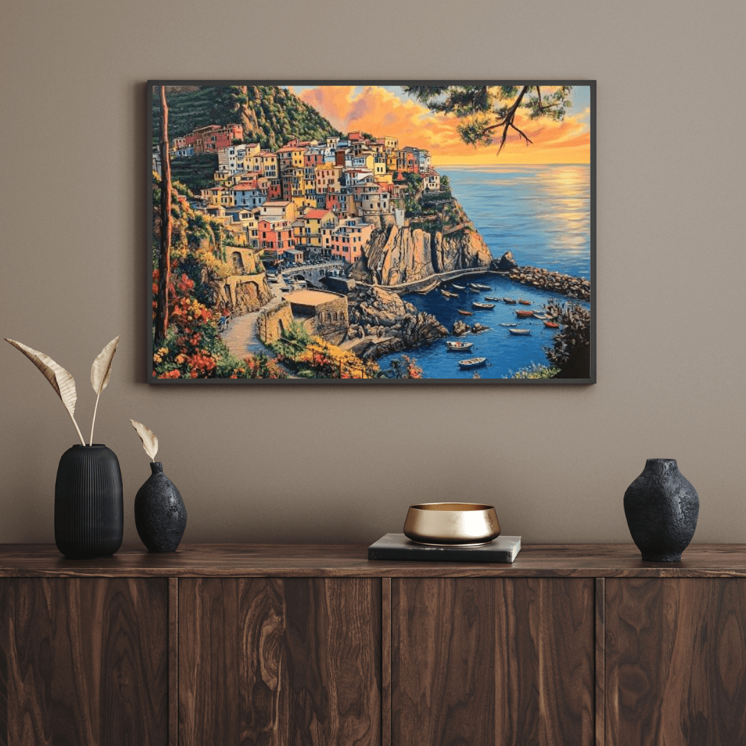 Mediterranean Village Serenity - Coastal Scene Wall Art - Aestheticanvas