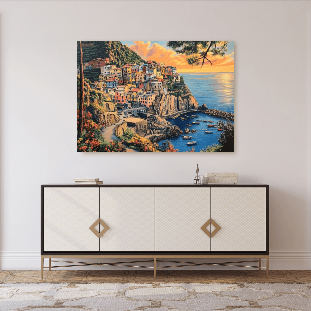 Mediterranean Village Serenity - Coastal Scene Wall Art - Aestheticanvas