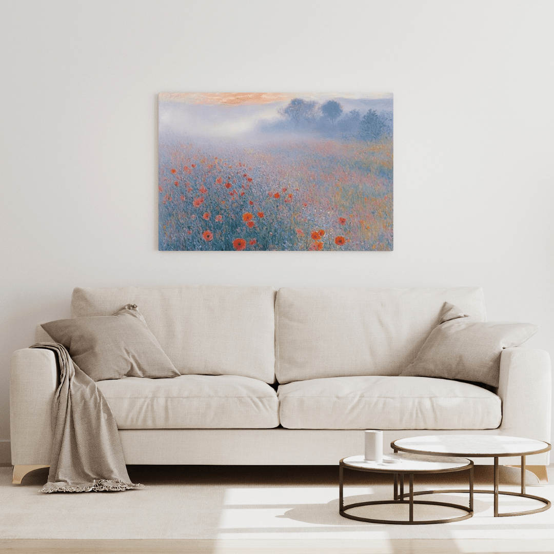 Misty Poppy Field at Dawn - Floral Wall Art - Aestheticanvas