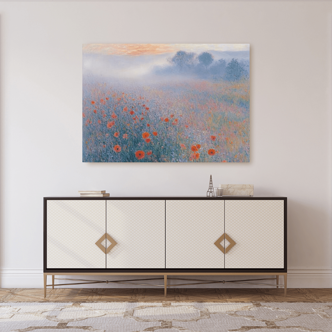 Misty Poppy Field at Dawn - Floral Wall Art - Aestheticanvas