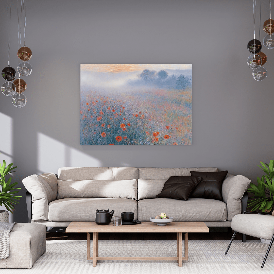 Misty Poppy Field at Dawn - Floral Wall Art - Aestheticanvas