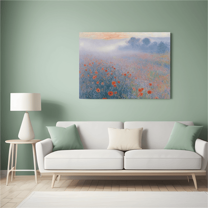 Misty Poppy Field at Dawn - Floral Wall Art - Aestheticanvas