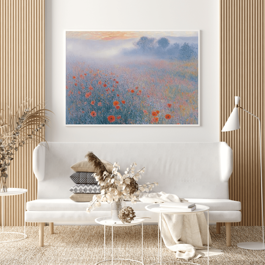 Misty Poppy Field at Dawn - Floral Wall Art - Aestheticanvas