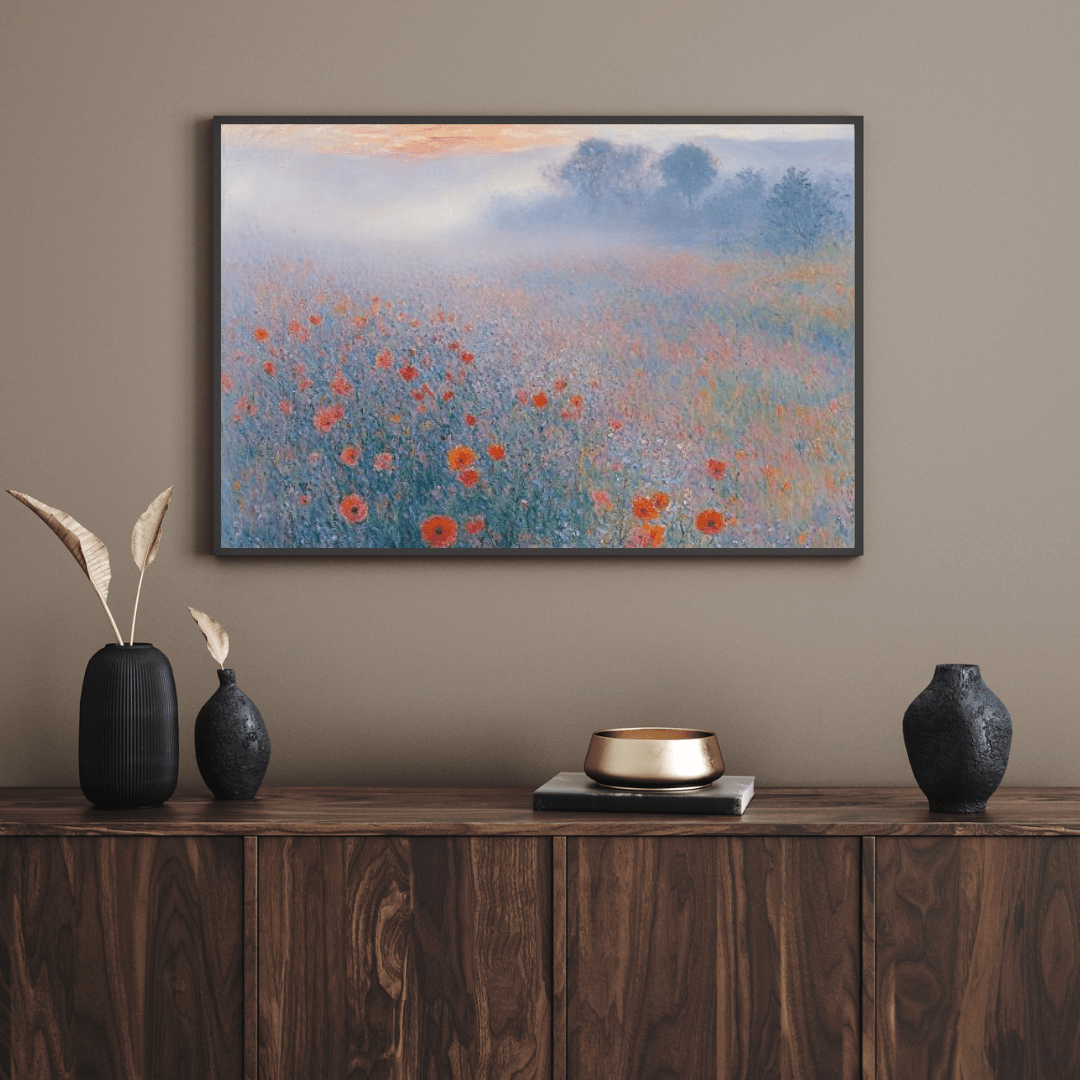 Misty Poppy Field at Dawn - Floral Wall Art - Aestheticanvas