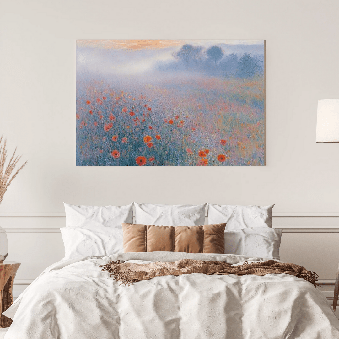 Misty Poppy Field at Dawn - Floral Wall Art - Aestheticanvas