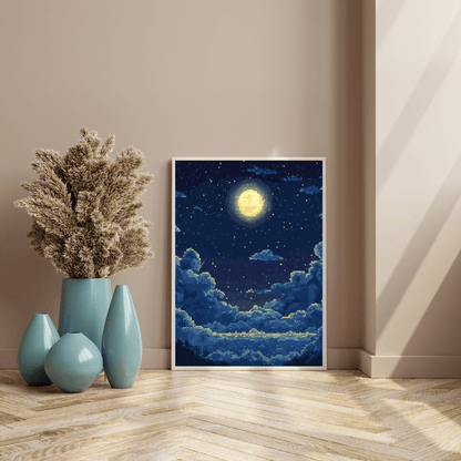 Moonlit Night Sky - Pixel Art Wall Art - Aestheticanvas