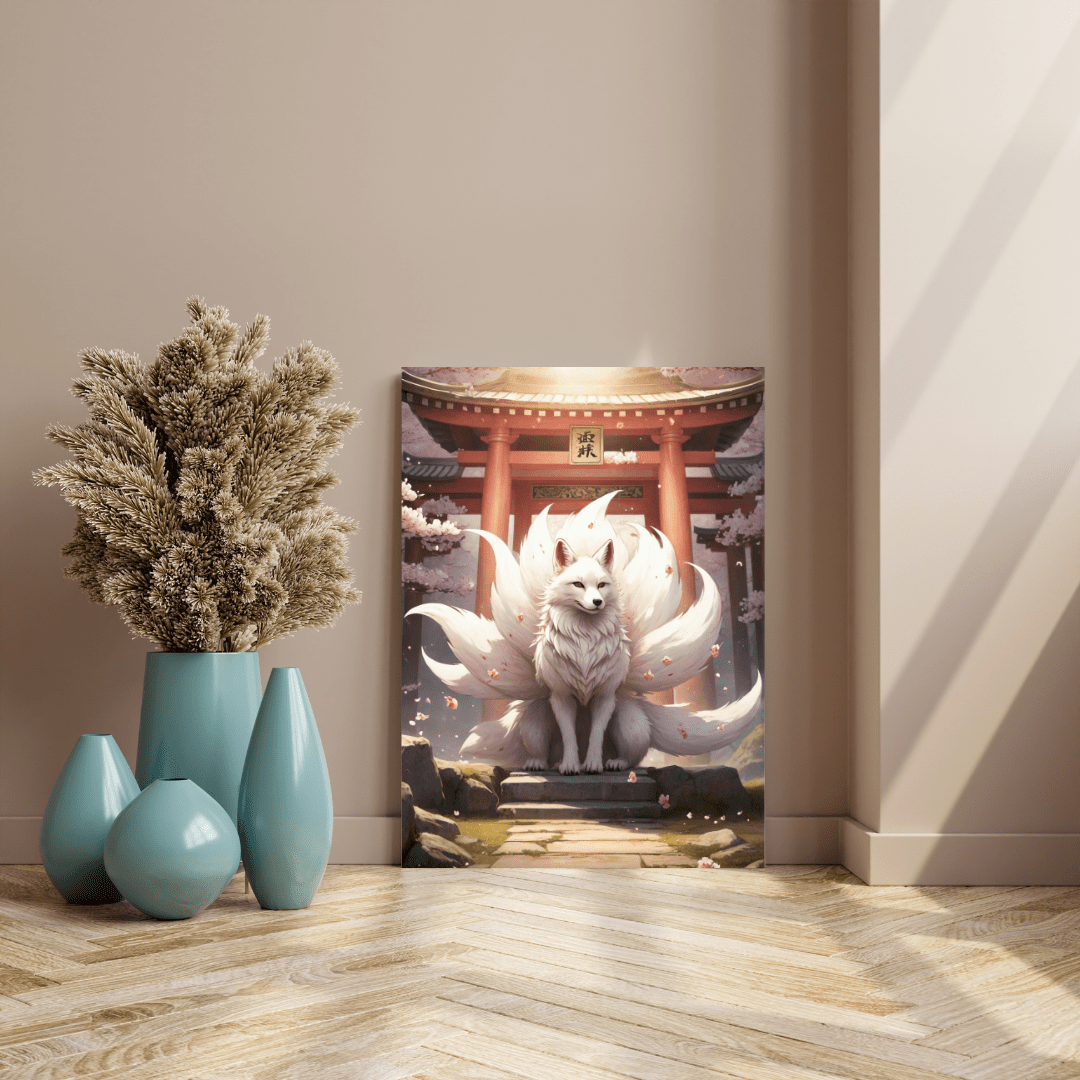 Mystical Kitsune Beneath Cherry Blossoms - Japanese Wall Art - Aestheticanvas