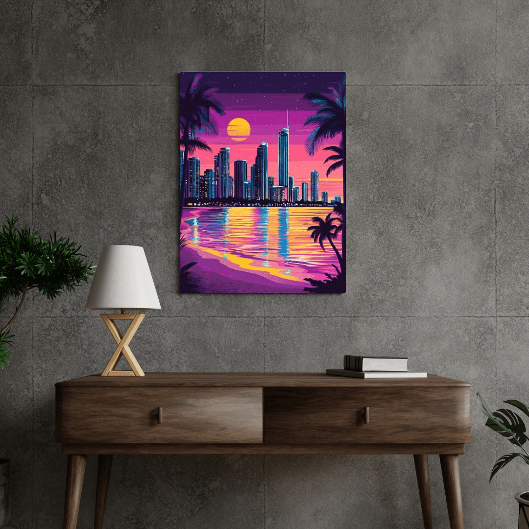 Neon Surfers Paradise Skyline at Sunset - City Wall Art - Aestheticanvas