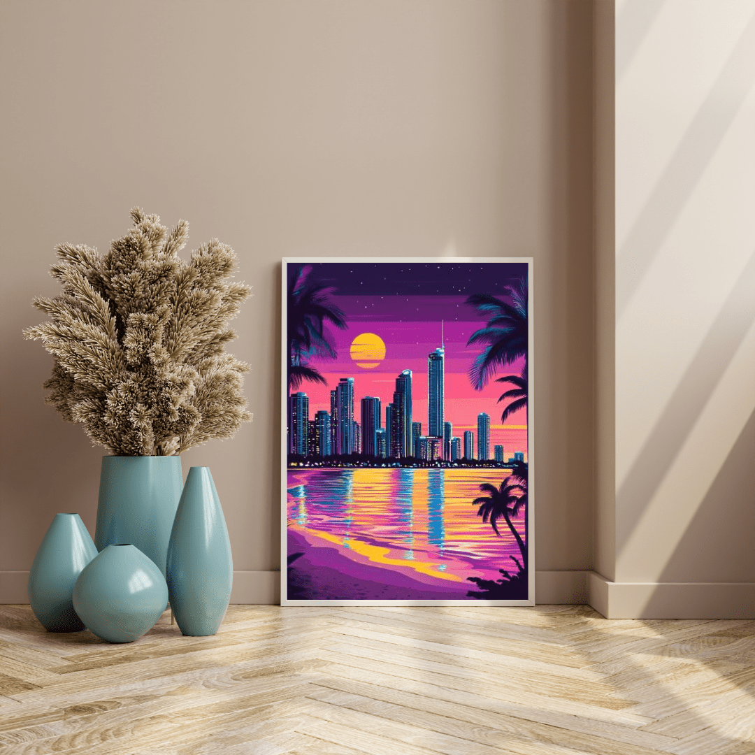 Neon Surfers Paradise Skyline at Sunset - City Wall Art - Aestheticanvas