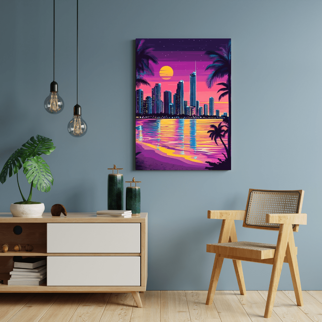 Neon Surfers Paradise Skyline at Sunset - City Wall Art - Aestheticanvas