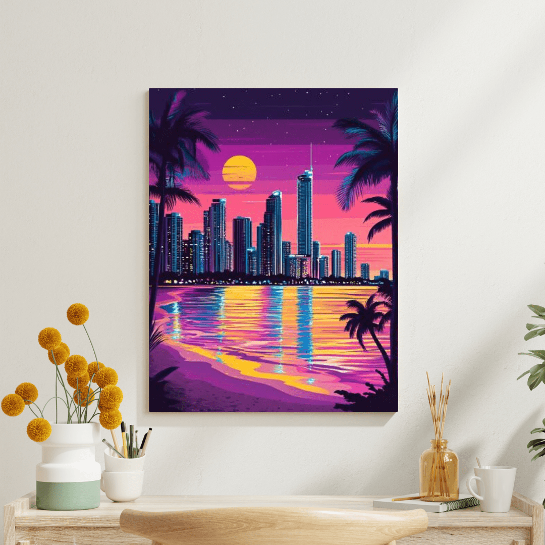 Neon Surfers Paradise Skyline at Sunset - City Wall Art - Aestheticanvas