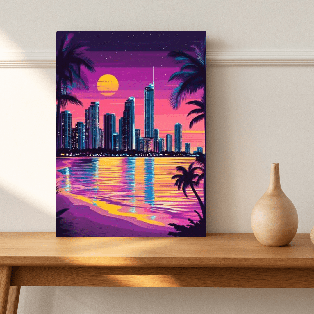 Neon Surfers Paradise Skyline at Sunset - City Wall Art - Aestheticanvas