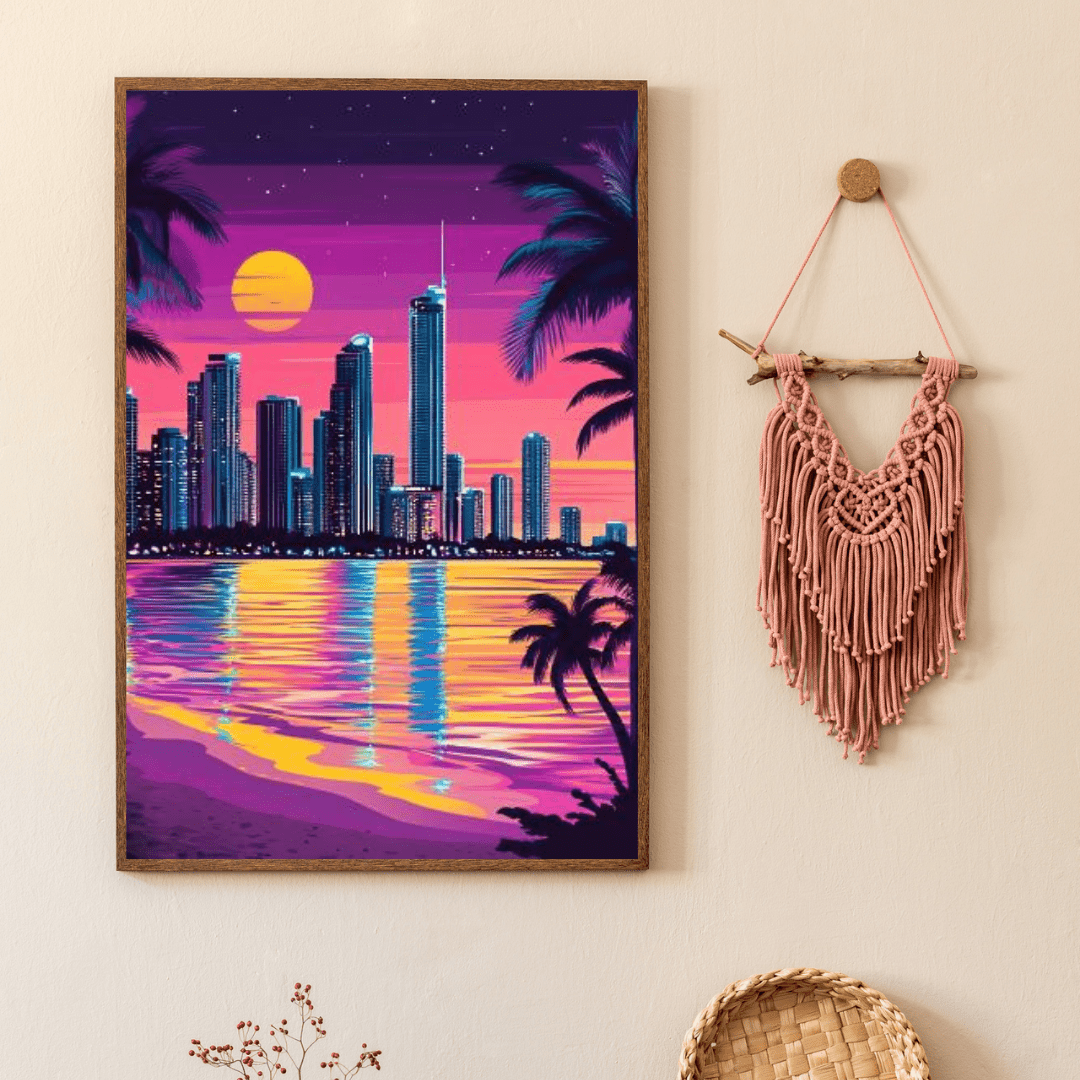 Neon Surfers Paradise Skyline at Sunset - City Wall Art - Aestheticanvas