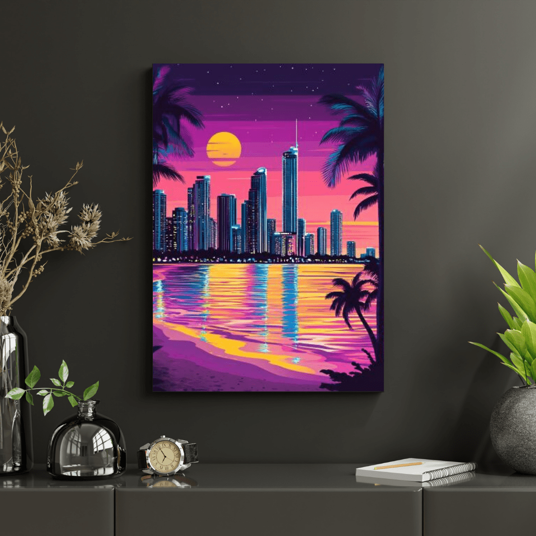 Neon Surfers Paradise Skyline at Sunset - City Wall Art - Aestheticanvas