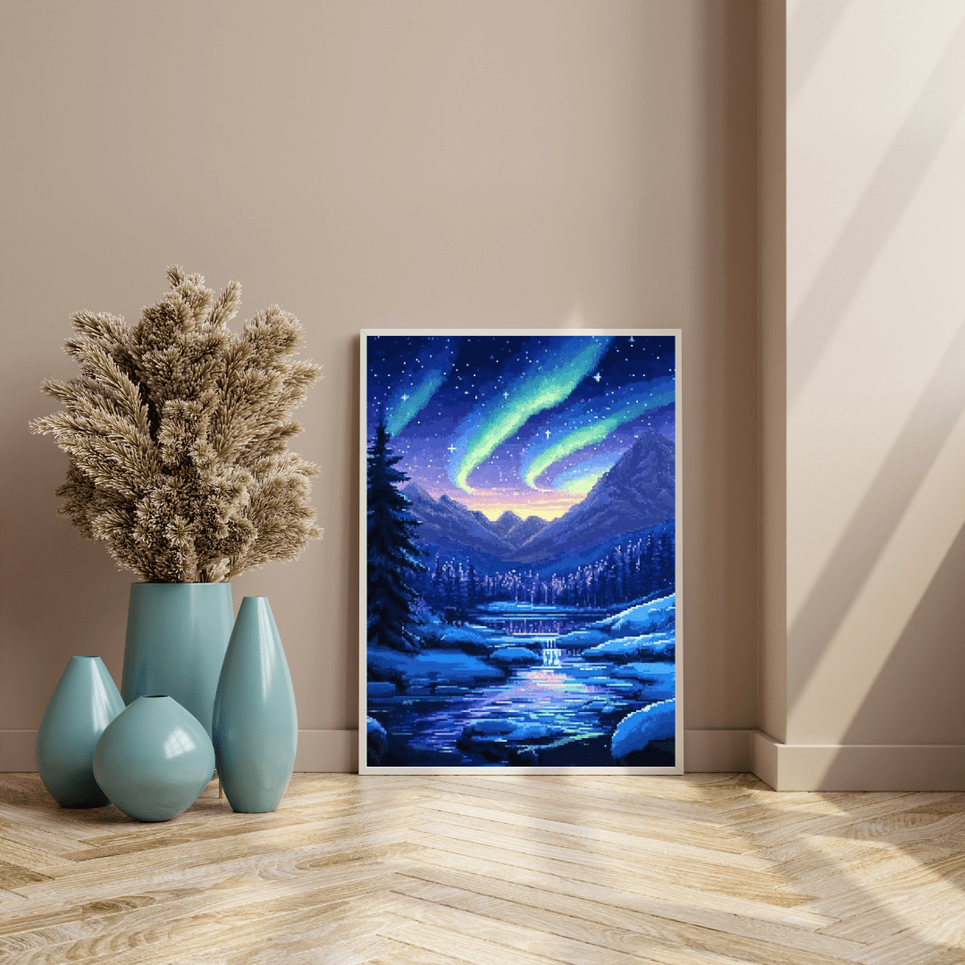 Northern Lights Wonderland - Pixel Art Wall Art - Aestheticanvas