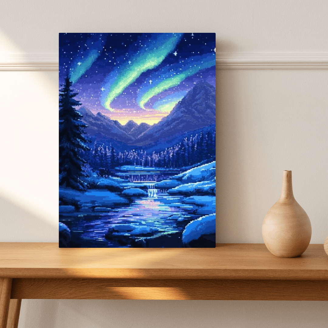 Northern Lights Wonderland - Pixel Art Wall Art - Aestheticanvas