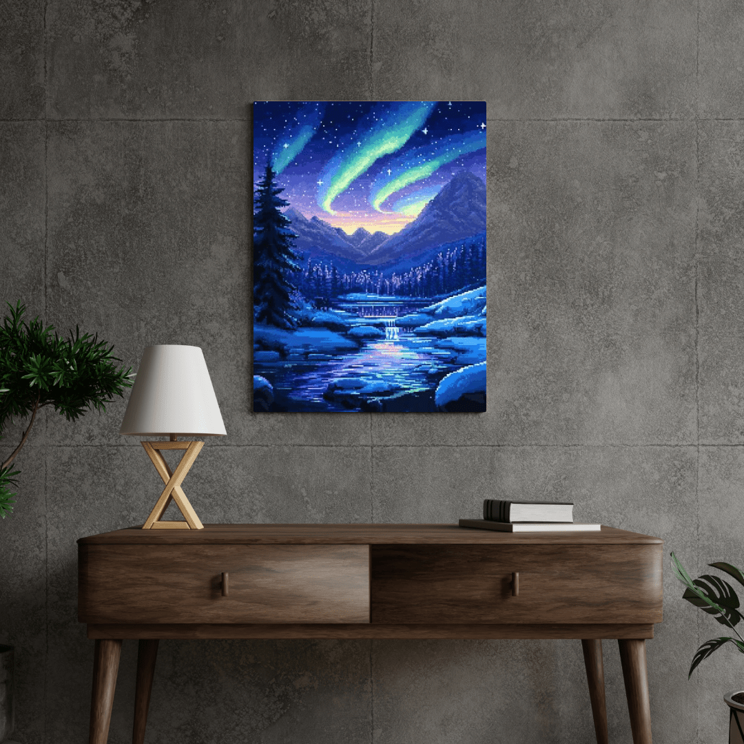 Northern Lights Wonderland - Pixel Art Wall Art - Aestheticanvas