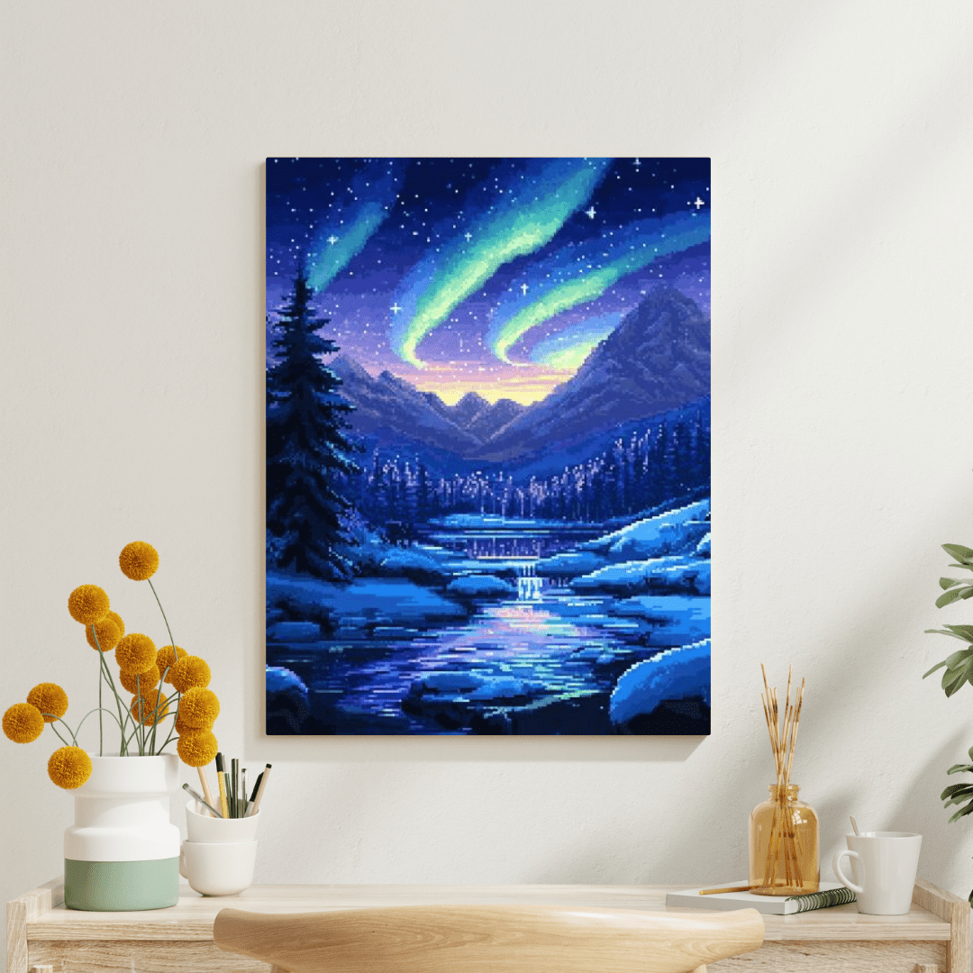 Northern Lights Wonderland - Pixel Art Wall Art - Aestheticanvas