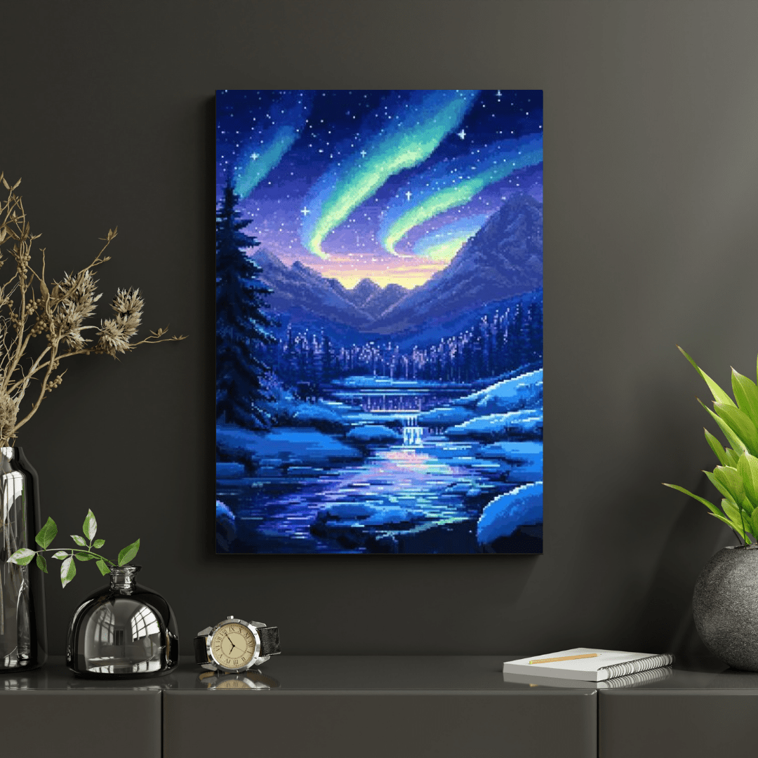 Northern Lights Wonderland - Pixel Art Wall Art - Aestheticanvas