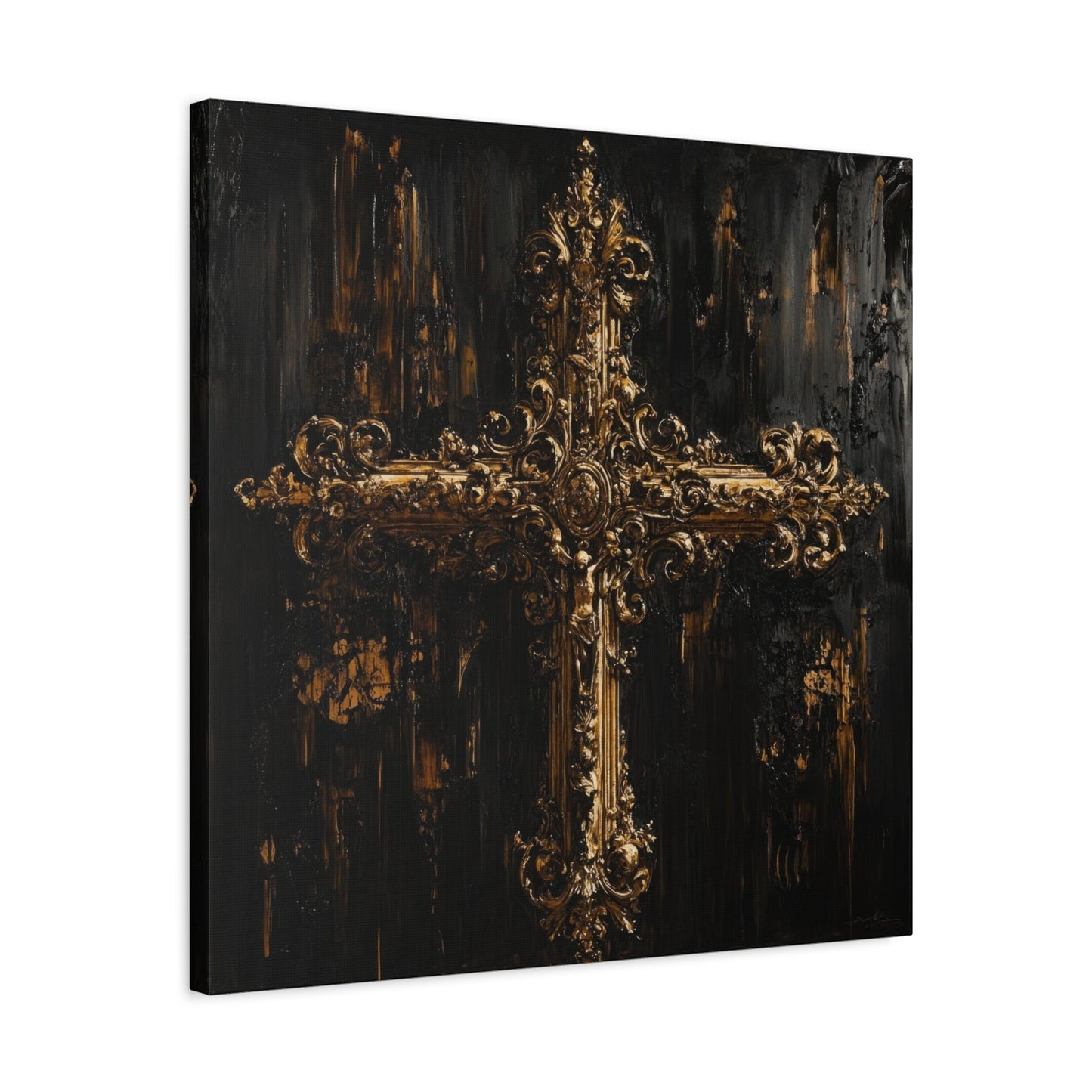 Ornate Gold Cross on Black - Religion Wall Art - Aestheticanvas