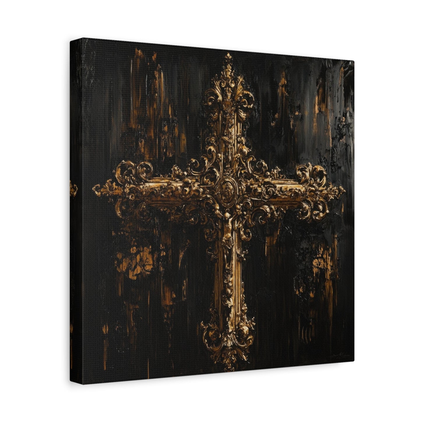 Ornate Gold Cross on Black - Religion Wall Art - Aestheticanvas