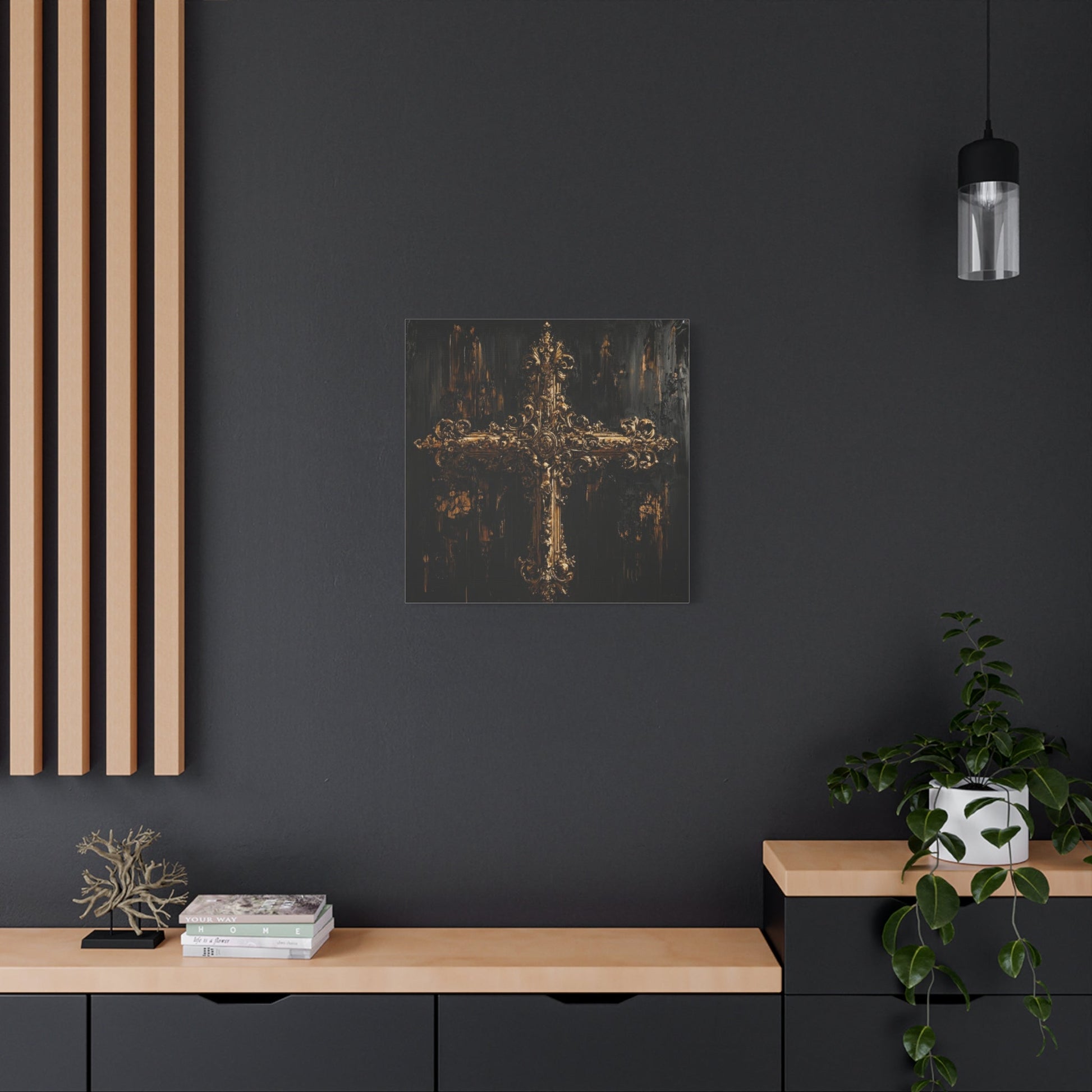 Ornate Gold Cross on Black - Religion Wall Art - Aestheticanvas