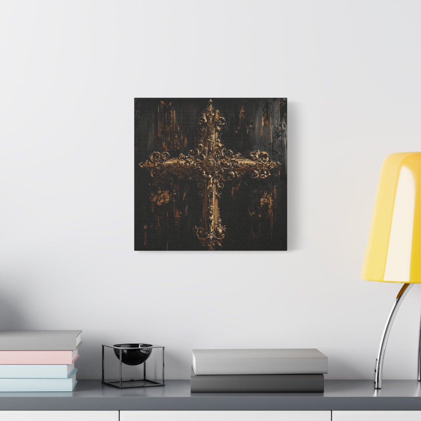 Ornate Gold Cross on Black - Religion Wall Art - Aestheticanvas