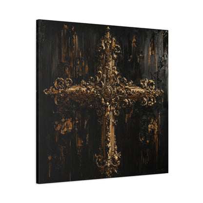 Ornate Gold Cross on Black - Religion Wall Art - Aestheticanvas