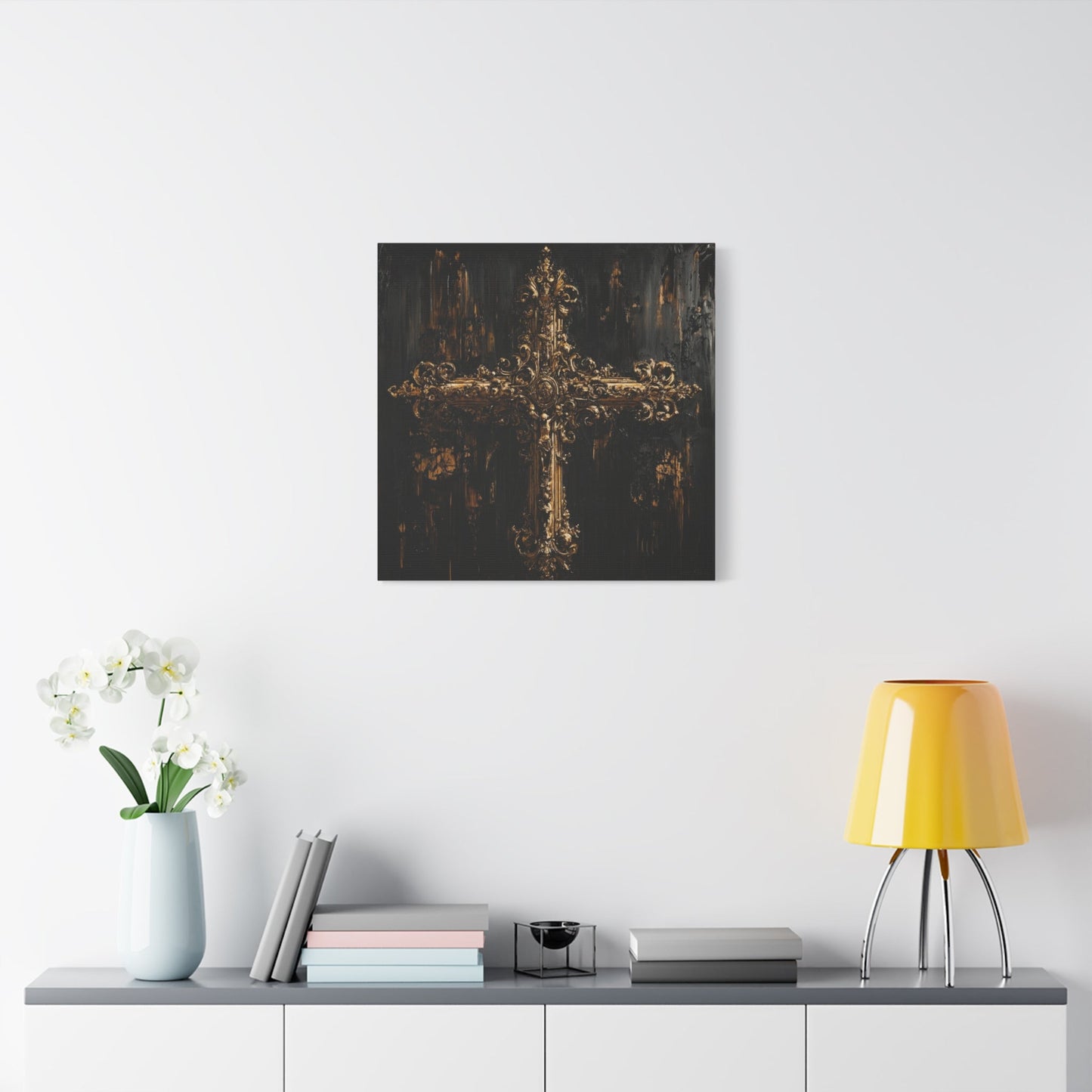 Ornate Gold Cross on Black - Religion Wall Art - Aestheticanvas