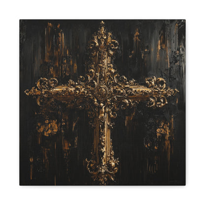 Ornate Gold Cross on Black - Religion Wall Art - Aestheticanvas