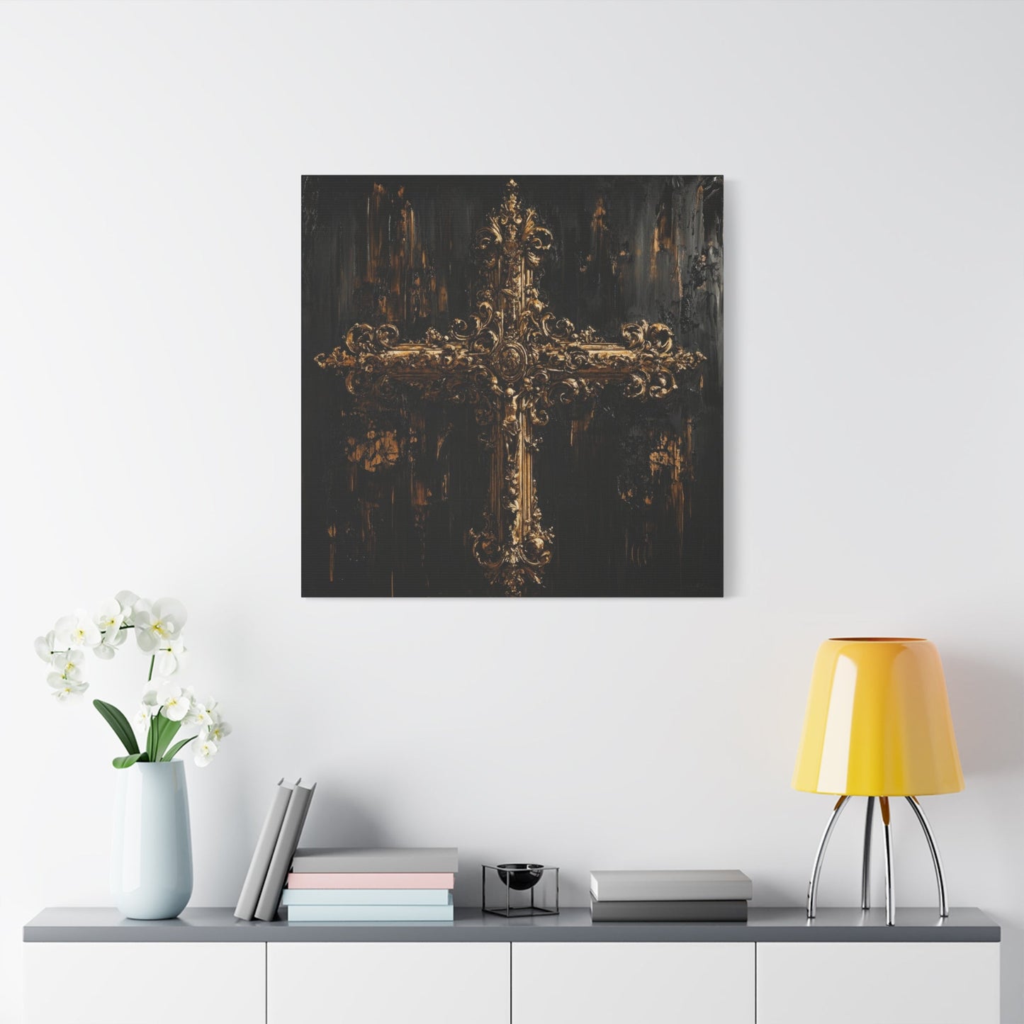 Ornate Gold Cross on Black - Religion Wall Art - Aestheticanvas