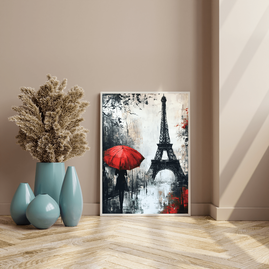 Parisian Elegance with Red Umbrella - Cityscape Wall Art - Aestheticanvas