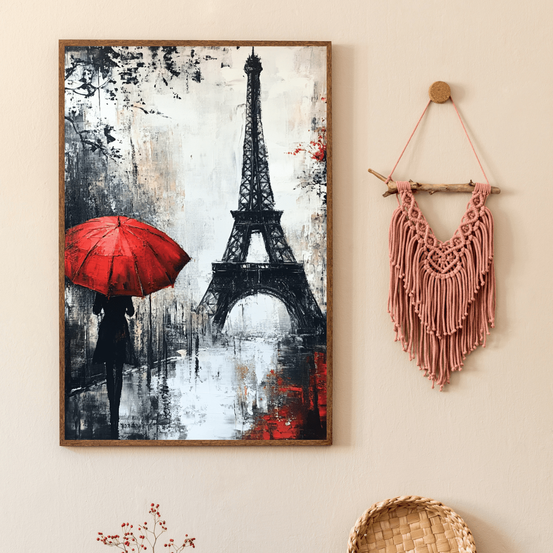 Parisian Elegance with Red Umbrella - Cityscape Wall Art - Aestheticanvas