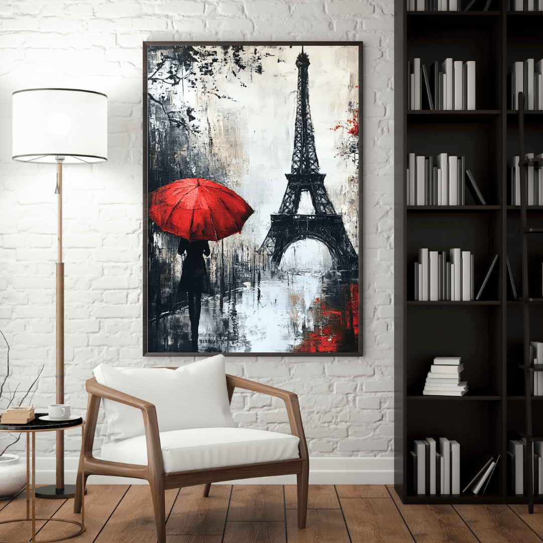 Parisian Elegance with Red Umbrella - Cityscape Wall Art - Aestheticanvas