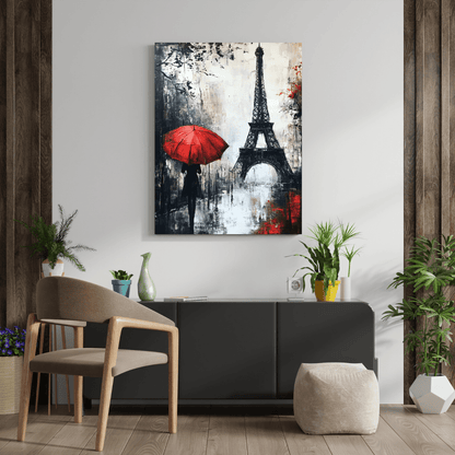 Parisian Elegance with Red Umbrella - Cityscape Wall Art - Aestheticanvas