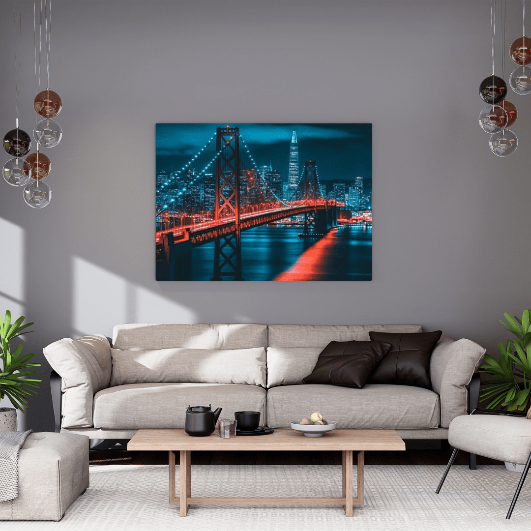 Red Suspension Bridge Cityscape - Urban Wall Art - Aestheticanvas