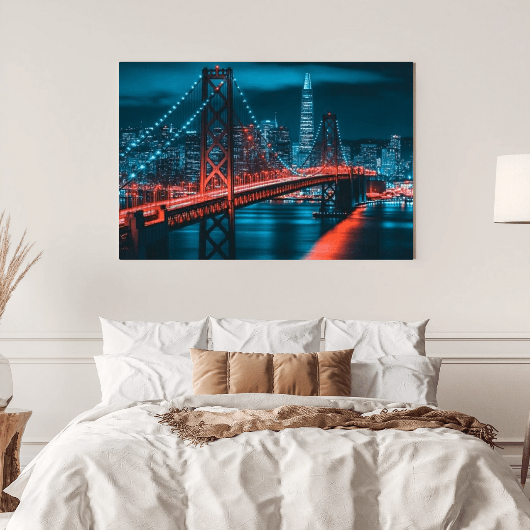 Red Suspension Bridge Cityscape - Urban Wall Art - Aestheticanvas