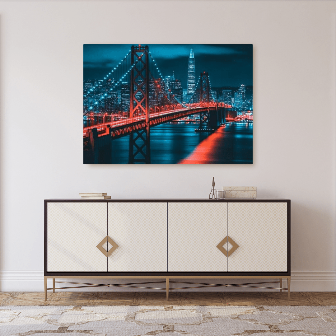 Red Suspension Bridge Cityscape - Urban Wall Art - Aestheticanvas