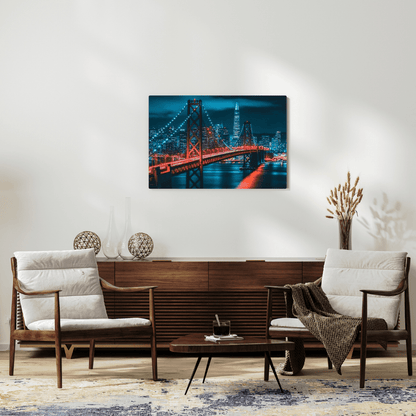 Red Suspension Bridge Cityscape - Urban Wall Art - Aestheticanvas