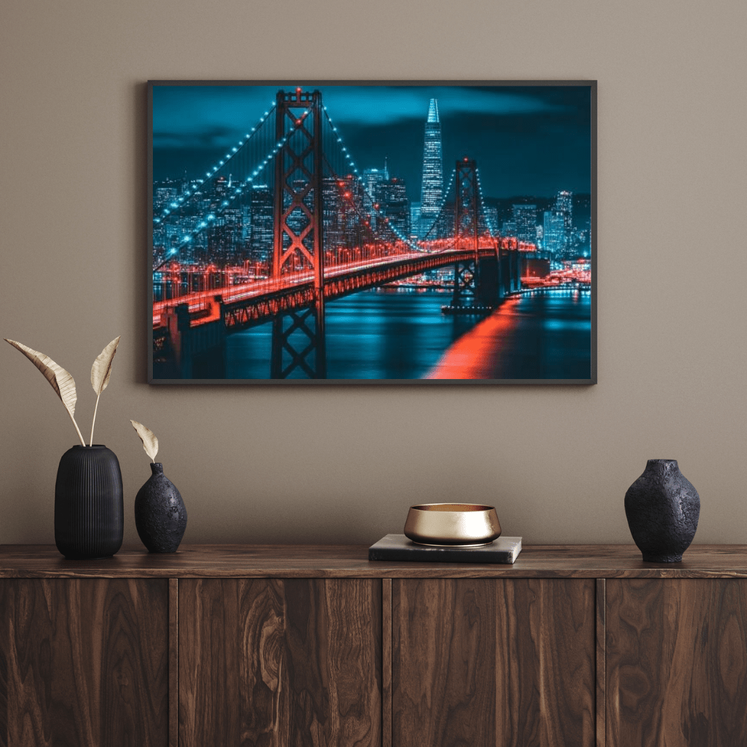 Red Suspension Bridge Cityscape - Urban Wall Art - Aestheticanvas