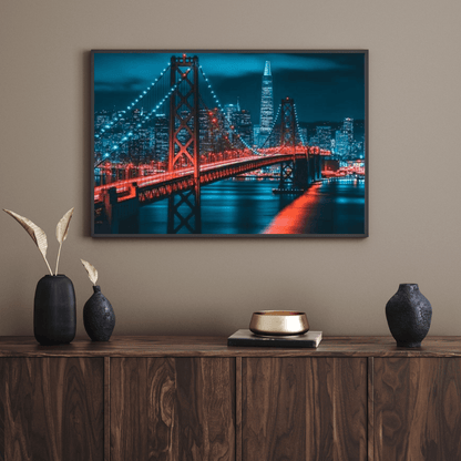 Red Suspension Bridge Cityscape - Urban Wall Art - Aestheticanvas