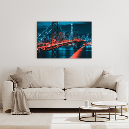 Red Suspension Bridge Cityscape - Urban Wall Art - Aestheticanvas