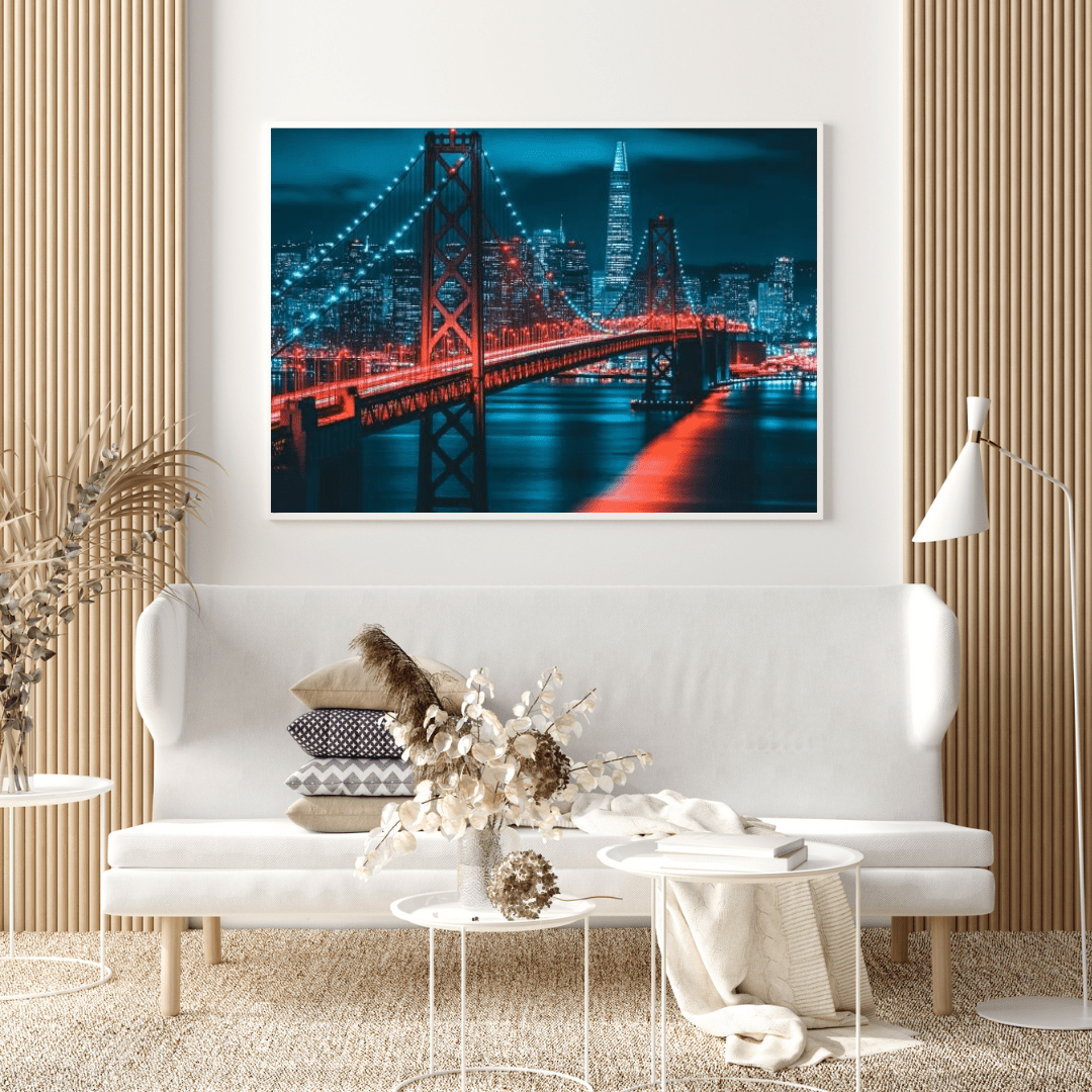 Red Suspension Bridge Cityscape - Urban Wall Art - Aestheticanvas