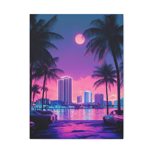Retro Miami Beach Neon Nightscape - City Wall Art - Aestheticanvas