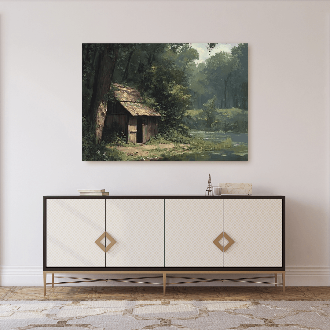 Rustic Woodland Cabin Reflection - Nature Wall Art - Aestheticanvas