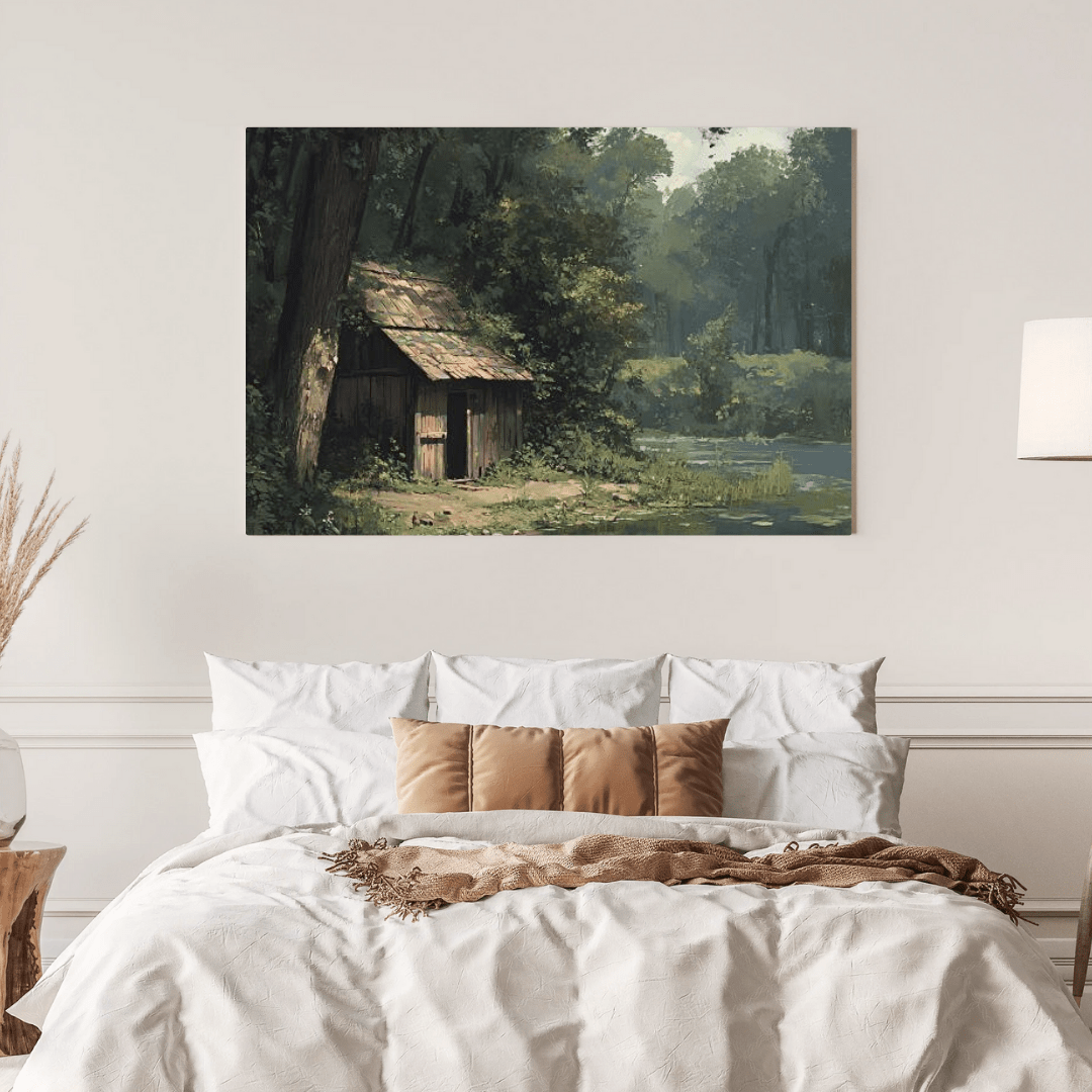 Rustic Woodland Cabin Reflection - Nature Wall Art - Aestheticanvas