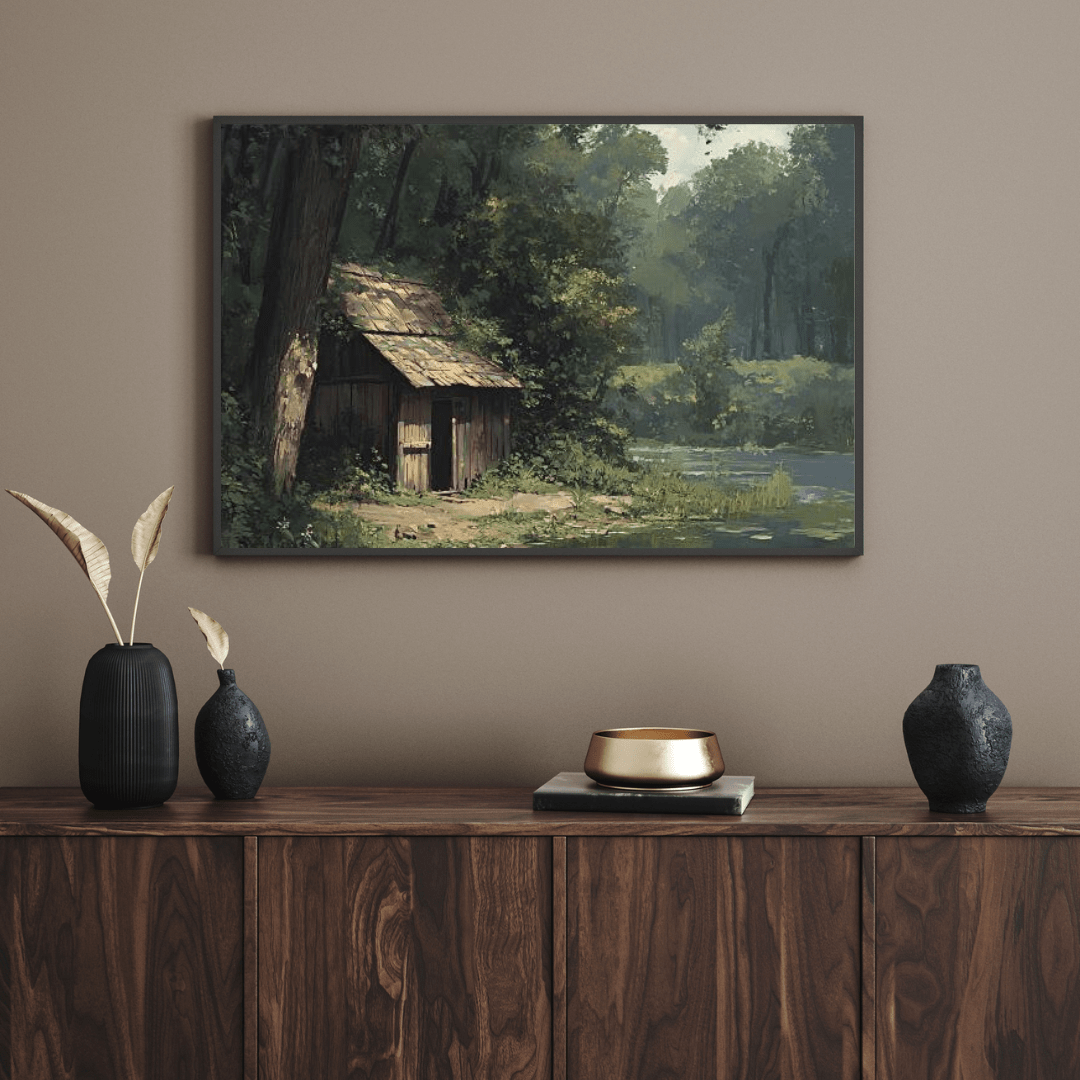 Rustic Woodland Cabin Reflection - Nature Wall Art - Aestheticanvas