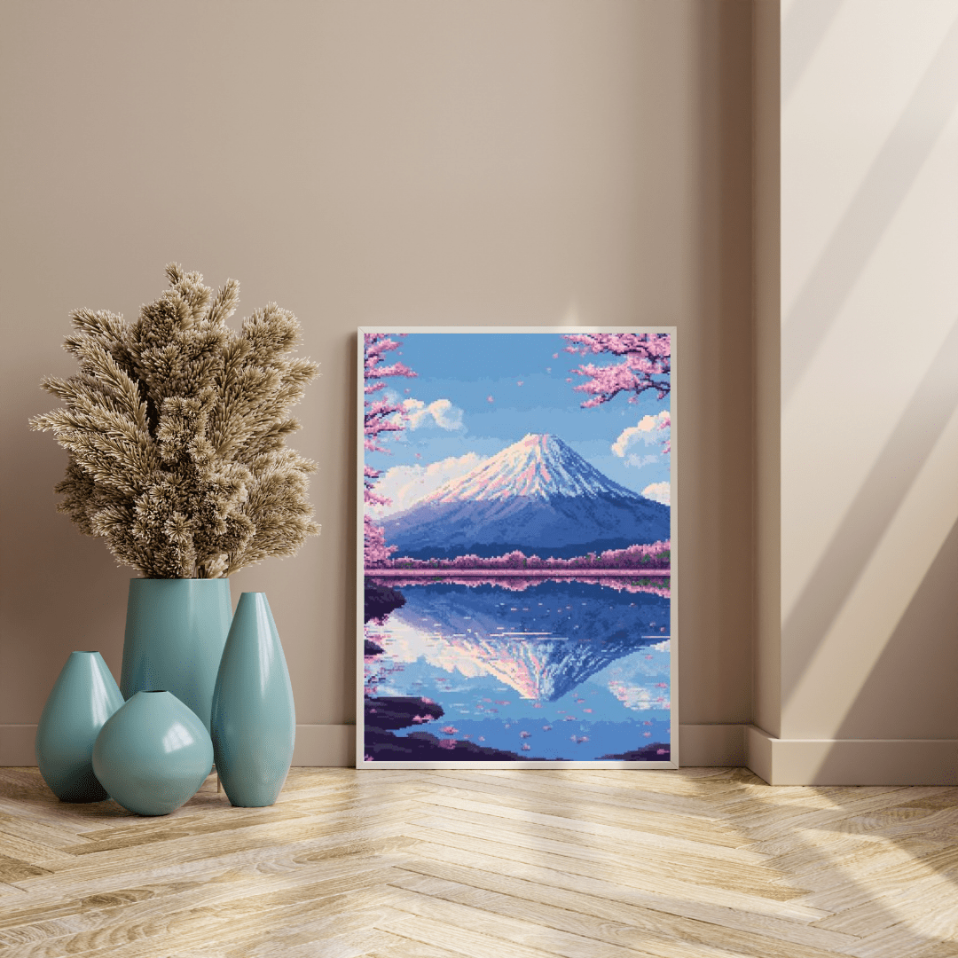 Sakura & Mount Fuji - Pixel Art Wall Art - Aestheticanvas